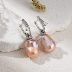 Baroque Pink Freshwater Pearl Drop Earrings, 925 Sterling Silver CZ Huggie Hoops, Elegant Statement Dangle Jewelry Gift for Women, ER319