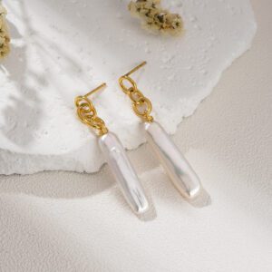 Silver Vermeil Stick Pearl Earrings, Long Freshwater Pearl Drop Earrings for Women, Minimalist Dangle Jewelry, Elegant Gift for Her, ER321