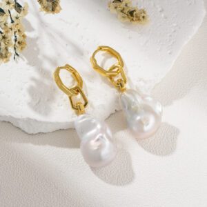 Silver Vermeil Baroque Pearl Drop Earrings, Freshwater Pearl Chunky Hoop Earrings for Women, Elegant Minimalist Jewelry Gift, ER322