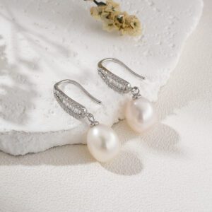 White Freshwater Pearl Drop Earrings, 6A Pearl 925 Silver Hook Dangle Earrings for Women, Elegant Minimalist Bridal Jewelry Gift, ER324