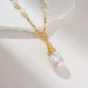 Gold Filled Freshwater Pearl Necklace, 24" Baroque Pearl Wire Wrapped Pendant, Dainty Handmade Jewelry for Women, Minimalist Gift, NL086