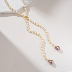 Gold Filled Freshwater Pearl Lariat Necklace, 40" Long Layering Necklace with Purple Pearl Drops, Elegant Jewelry Gift for Women, NL087