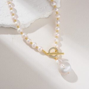 Gold Filled Freshwater Pearl Necklace, 20" Toggle Clasp Baroque Pearl Pendant Necklace, Elegant Minimalist Jewelry Gift for Women, NL088