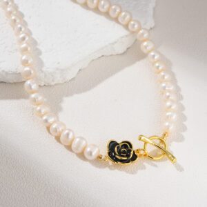 Freshwater Pearl Necklace with Black Enamel Rose Clasp, Gold Filled Toggle Choker, Dainty Elegant Minimalist Jewelry Gift for Women, NL096