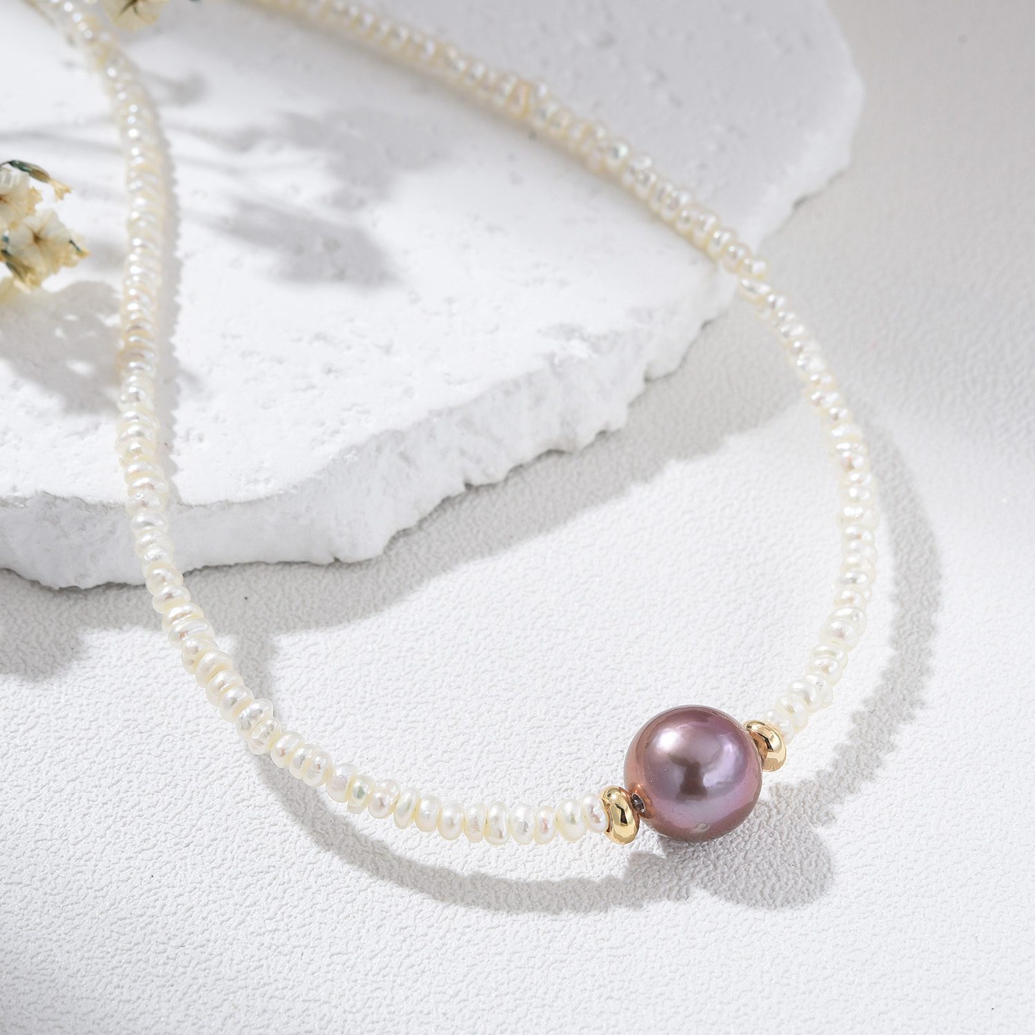 Tiny Freshwater Pearl Necklace with Purple Pearl Center, Gold Filled Dainty Choker for Women, Elegant Minimalist Jewelry Gift for Her, NL100