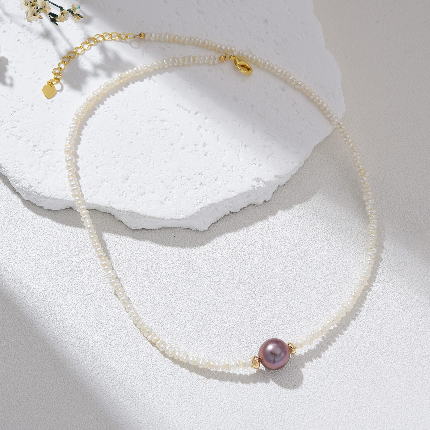 Tiny Freshwater Pearl Necklace with Purple Pearl Center, Gold Filled Dainty Choker for Women, Elegant Minimalist Jewelry Gift for Her, NL100 - Image 2