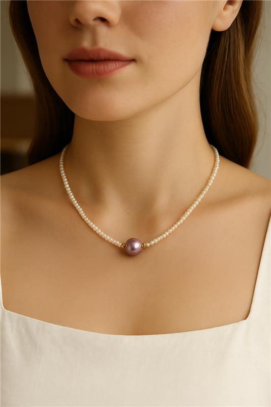 Tiny Freshwater Pearl Necklace with Purple Pearl Center, Gold Filled Dainty Choker for Women, Elegant Minimalist Jewelry Gift for Her, NL100 - Image 3