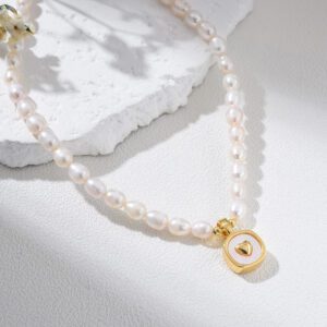 Freshwater Pearl Necklace with Gold Heart Charm, Dainty Gold Filled Beaded Choker for Women, Minimalist Elegant Jewelry Gift for Her, NL101