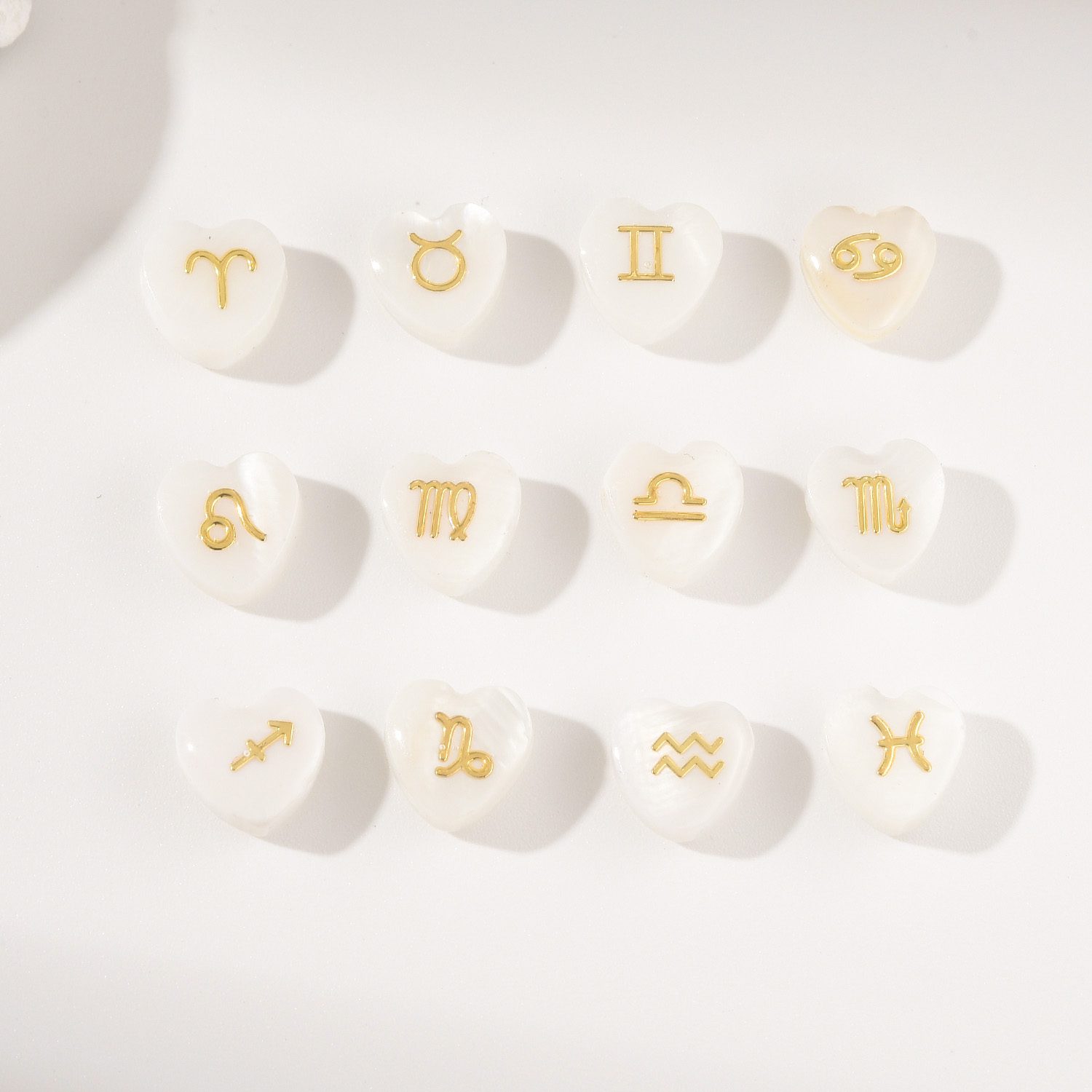 Gold Filled Zodiac Heart Charms on Mother of Pearl Beads, Astrology Beads for DIY Bracelets, Custom Horoscope Jewelry Supplies, BD179
