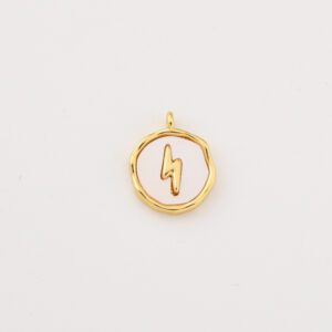 Gold Filled Lightning Bolt Charm with White Enamel, Modern Round Pendant for Necklace Bracelet, Dainty Power Jewelry Gift for Her, CP2269
