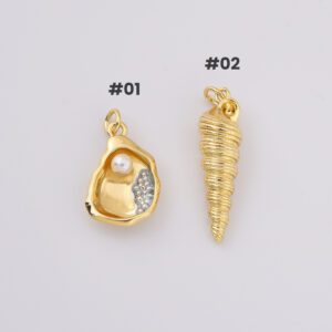 Gold Filled Oyster and Spiral Shell Charms, Pearl Accent Ocean Pendants, Beach Jewelry Making Supplies, Sea Charm Set, Lot002
