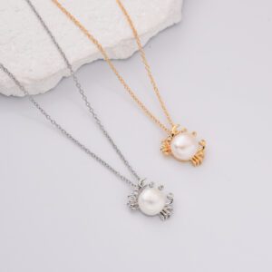 Gold Filled & Silver Crab Pearl Necklace, Beach Ocean Animal Jewelry for Women, Cute Summer Pendant Necklace, Cancer Zodiac Gift, NL103