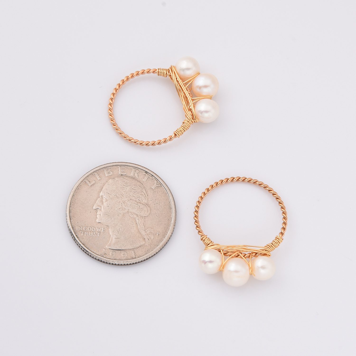 Gold Filled Wire Wrapped Pearl Ring, 3 White Freshwater Pearls on Twisted Wire, Handmade Minimalist Jewelry Gift for Her, Size 6/8, RG219 - Image 5