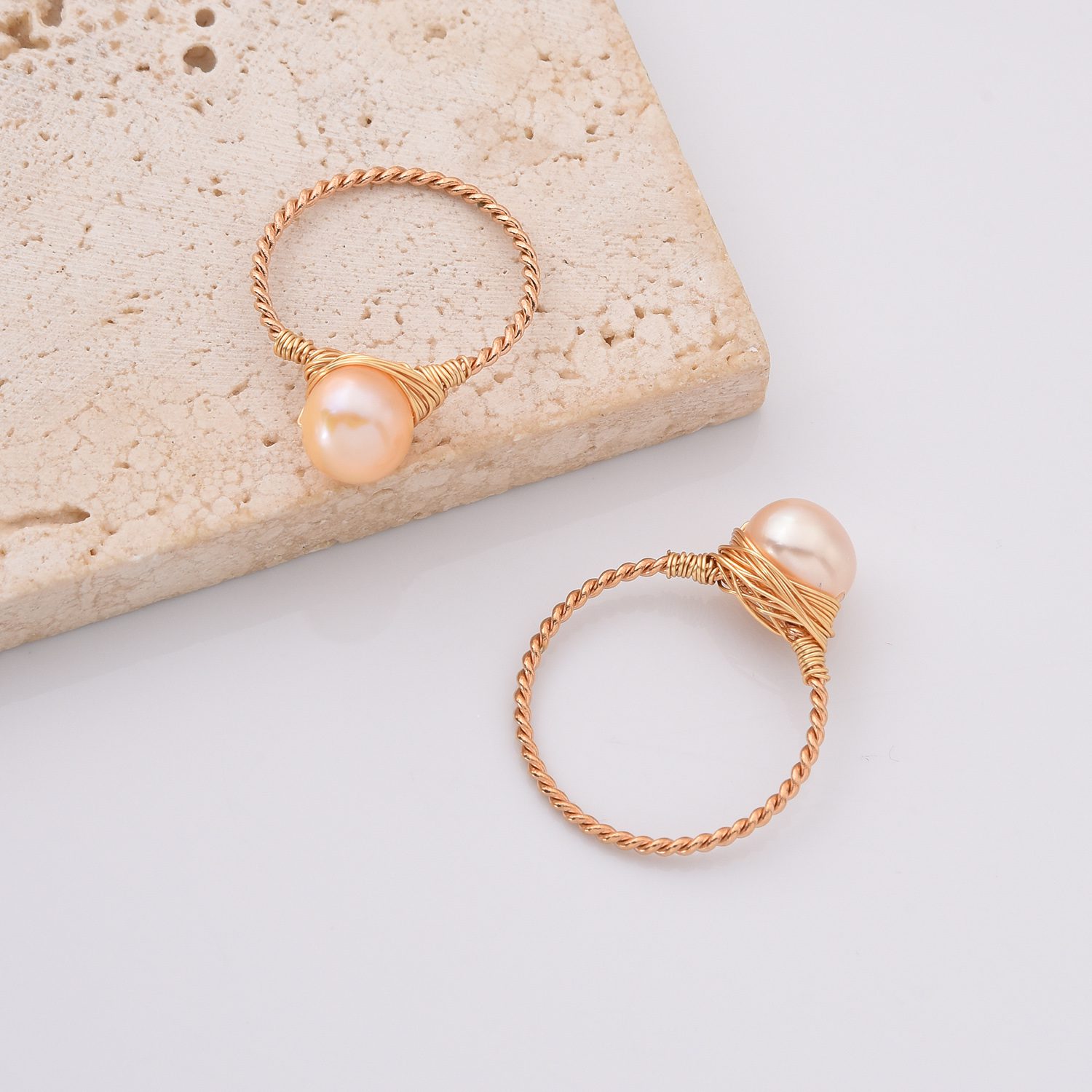 Gold Filled Wire Wrapped Pearl Ring, Pink Freshwater Pearl on Twisted Wire, Handmade Minimalist Jewelry Gift for Women, Size 6/8, RG222 - Image 3