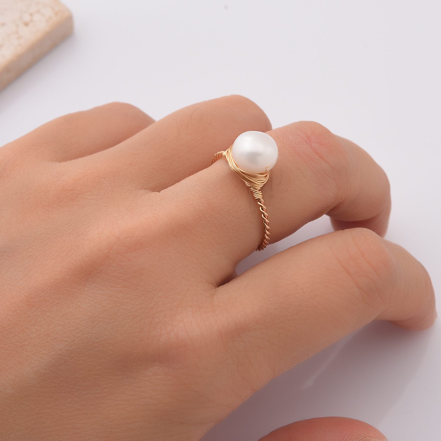 Gold Filled Wire Wrapped Pearl Ring, White Round Freshwater Pearl on Twisted Wire, Handmade Minimalist Jewelry Gift for Her, Size 6/8, RG224 - Image 2