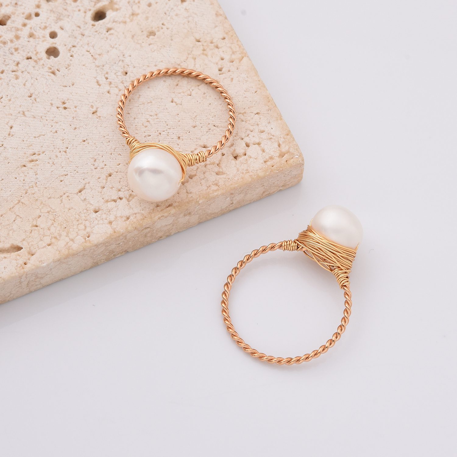 Gold Filled Wire Wrapped Pearl Ring, White Round Freshwater Pearl on Twisted Wire, Handmade Minimalist Jewelry Gift for Her, Size 6/8, RG224 - Image 3