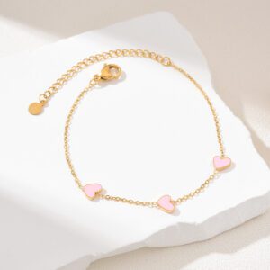Gold Filled Pink Enamel Heart Bracelet, Dainty Adjustable Chain Bracelet, Stainless Steel Parts, DIY Jewelry Making, Gift for Women, SBR001