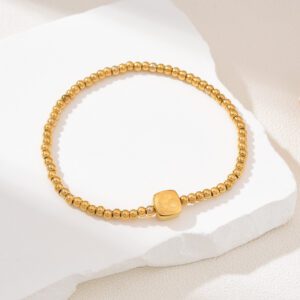 Gold Filled Beaded Bracelet with Mouse Charm, Dainty Stretch Jewelry with Stainless Steel Accents, Minimalist Gift for Her, SBR002