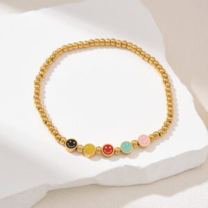 Gold Filled Beaded Smiley Face Bracelet, Colorful Enamel Round Beads, Stainless Steel Parts, Stretch Minimalist Jewelry Gift for Her, SBR003