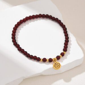 Gold Filled Chinese Charm Beaded Bracelet, Red Beads with Stainless Steel Parts, Stretch Adjustable Minimalist Jewelry Gift for Her, SBR004