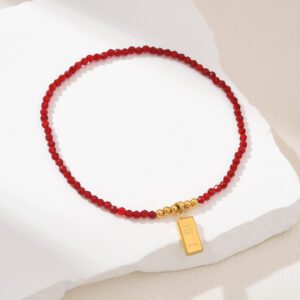 Gold Filled Red Crystal Beaded Bracelet, Faceted Stretch Bracelet with Gold Bar Charm, Stainless Steel Parts, Jewelry Gift for Women, SBR005