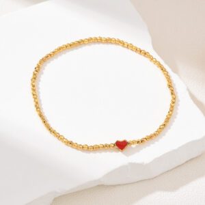 Gold Filled Red Heart Beaded Bracelet, Dainty Faceted Stretch Bracelet, Stainless Steel Parts, Adjustable Minimalist Jewelry Gift, SBR006