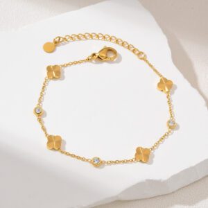 Gold Filled Clover Bracelet, Dainty Adjustable Chain with CZ Charms, Stainless Steel Parts, Lucky Minimalist Jewelry Gift for Women, SBR007