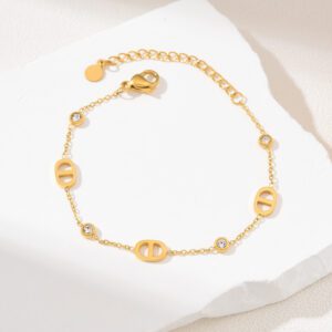 Gold Filled Oval Link Bracelet, Adjustable Chain with CZ Charms, Stainless Steel Parts, Minimalist Layering Jewelry Gift for Women, SBR008