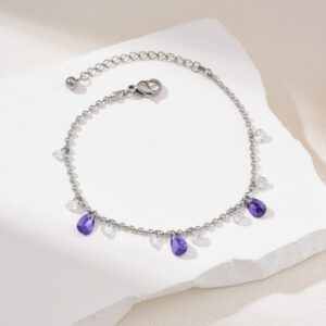 Stainless Steel Beaded Bracelet, Adjustable Chain with Purple and Clear CZ Drops, Dainty Minimalist Jewelry, Gift for Women, SBR009