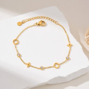 Gold Filled Floral Cutout Bracelet, Adjustable Chain with CZ Charms, Stainless Steel Parts, Dainty Minimalist Jewelry Gift for Women, SBR011