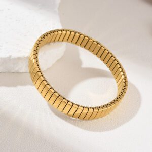 Gold Filled Stretch Bangle Bracelet, Flexible Adjustable Wide Band Bracelet, Stainless Steel Parts, Minimalist Jewelry Gift for Her, SBR013