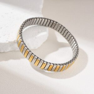 Gold Filled Two Tone Stretch Bangle Bracelet, Flexible Adjustable Wide Band Bracelet, Stainless Steel Parts, Minimalist Jewelry Gift, SBR014