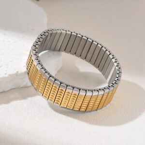 Gold Filled Textured Stretch Bangle Bracelet, Two Tone Adjustable Wide Band Bracelet, Stainless Steel Parts, Minimalist Jewelry Gift, SBR016