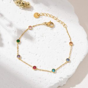 Gold Filled Multicolor CZ Bezel Bracelet, Adjustable Dainty Chain Bracelet, Stainless Steel Parts, Minimalist Jewelry Gift for Women, SBR018
