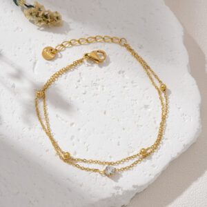 Gold Filled CZ Layered Bracelet, Adjustable Double Chain Bracelet with Stainless Steel Parts, Minimalist Jewelry Gift for Women, SBR021