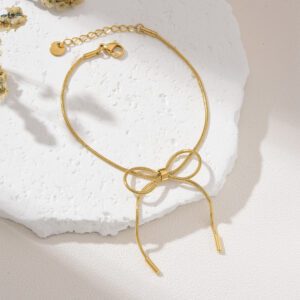 Gold Filled Bow Knot Bracelet, Adjustable Snake Chain Bracelet, Stainless Steel Parts, Dainty Minimalist Jewelry Gift for Women, SBR024
