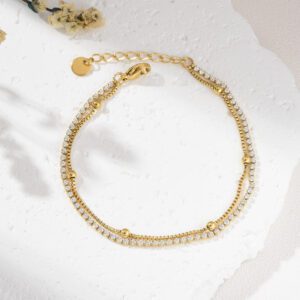 Gold Filled Double Row CZ Tennis Bracelet, Adjustable Chain Bracelet, Stainless Steel Parts, Dainty Minimalist Jewelry Gift for Women SBR025