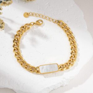 Gold Filled Curb Chain Bracelet, Mother of Pearl Accent, Adjustable Stainless Steel, Dainty Minimalist Jewelry Gift for Women, SBR028