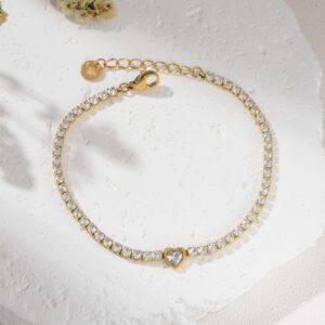Gold Filled CZ Tennis Bracelet with Heart Charm, Adjustable Chain, Stainless Steel Parts, Dainty Minimalist Jewelry Gift for Women, SBR031