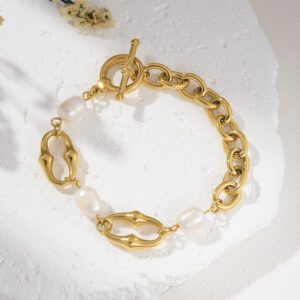 Gold Filled Bamboo Link Bracelet with Freshwater Pearls, Toggle Clasp, Stainless Steel Parts, Minimalist Jewelry Gift for Women, SBR032