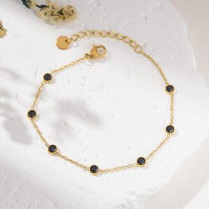 Gold Filled Black CZ Bezel Bracelet, Adjustable Chain with Stainless Steel Parts, Dainty Minimalist Layered Jewelry Gift for Women, SBR034