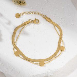 Gold Filled Double Layer Square Charm Bracelet, Adjustable Chain with Stainless Steel Parts, Minimalist Jewelry Gift for Women, SBR036