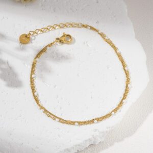 Gold Filled Double Chain Bracelet, Dainty Beaded Adjustable Bracelet, Stainless Steel Jewelry, Minimalist Layered Gift for Women, SBR039