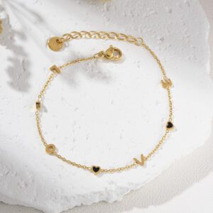 Gold Filled LOVE Letter Bracelet, Stainless Steel Chain Bracelet with Heart Charms, Dainty Minimalist Jewelry Gift for Women, SBR040