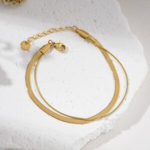 Gold Filled Double Herringbone Bracelet, Snake Chain Layered Bracelet, Adjustable Minimalist Jewelry Gift for Women, Stainless Steel, SBR041