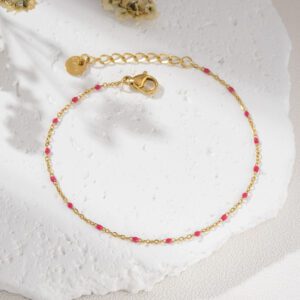 Gold Filled Pink Beaded Bracelet, Adjustable Dainty Chain, Minimalist Stainless Steel Jewelry for Women, Simple Stackable Gift, SBR042