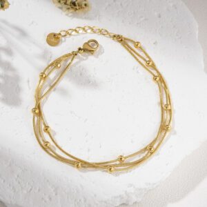Gold Filled Double Layer Bracelet, Dainty Beaded Chain Jewelry, Stainless Steel Bracelet, Minimalist Elegant Jewelry Gift for Her, SBR044