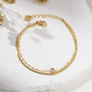 Gold Filled Layered CZ Bracelet, Adjustable Chain Jewelry with Bezel Charm, Stainless Steel Accents, Elegant Minimalist Gift, SBR045