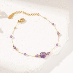Gold Filled Amethyst Bead Bracelet, Minimalist Layered Chain Bracelet with Stainless Steel Parts, Adjustable Jewelry Gift for Women, SBR048
