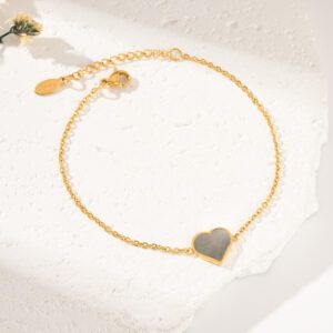 Gold Filled Abalone Shell Bracelet with Heart and Round Charms, Dainty Adjustable Chain, Stainless Steel Jewelry Gift for Her, SBR049